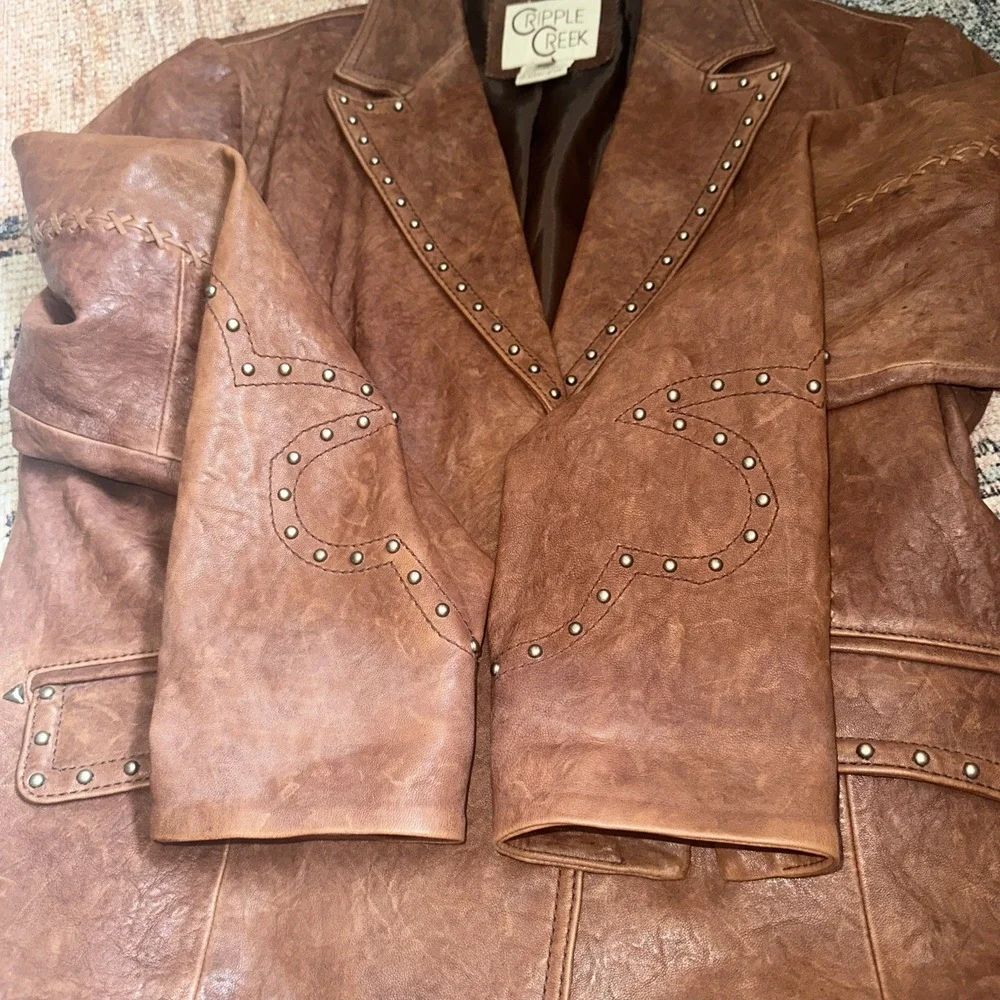 VTG Cripple Creek Western Leather Jacket Womens Studded Pebbled Rodeo Brown  XL